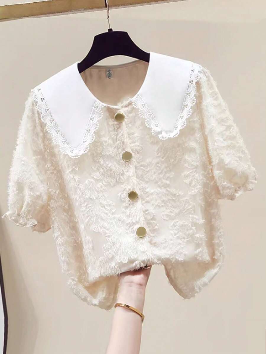 Lyxana Women's Cutout Peter Pan Collar Short Puff Sleeve Cute Blouse Blouse For Women Elegant Classy Lace Shirts For Women Latest Tops For Women New Arrivals Blouse Korean Style Blouses For Teens - Apricot - View 1