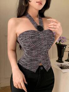 DAZY Women's Elegant Halter Neck 3D Floral Blouse, Summer - Pink - View 6