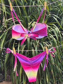 Swim Mod Conjunto de bikini con taza de concha degradada, tirantes de espagueti desmontables, sujetador de acero con recogida lateral y lazo, color aleatorio - Multicolor - Ver 4