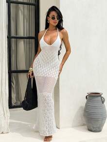 Swim SXY Women's Elegant Vacation White Knit Halter Tie-Neck Dress - White - View 3