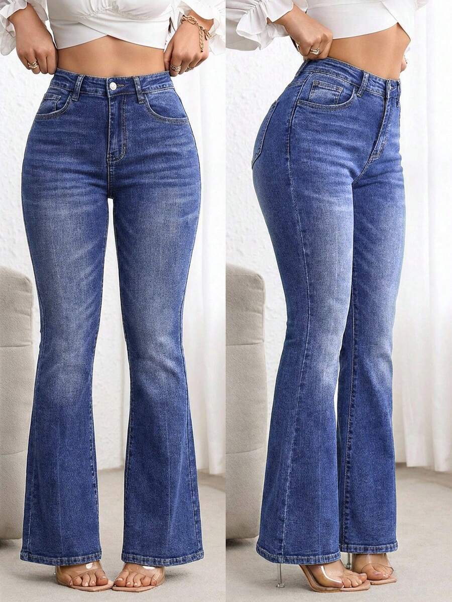 EMERY ROSE Jeans de pierna acampanada con bolsillos y botones, de uso casual y versátil para uso diario - Azul - Ver 1