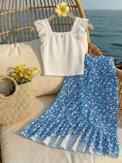 Summer Outfits Teen Girl Vacation Casual Solid Color T-Shirt & Floral Ruffle Hem Skirt Set Squishy