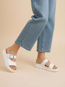 Sandalia con plataforma y hebilla dorada ajustable - Blanco - Ver 3