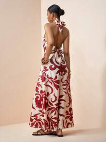 Zivah Vestido largo con estampado floral rojo, escote halter, detalle de volantes en el bajo y cierre delantero para mujer, ideal para vacaciones, fiestas, bodas, paseos, cruceros, playa, etc. - Rojo - Ver 2