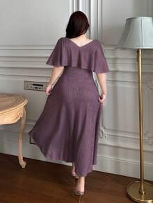 Dazy Plus Vestido de fiesta de manga larga con cuello en V y volantes, 2 en 1 para estilizar la cintura, talla grande, vestido de verano - Morado - Ver 2