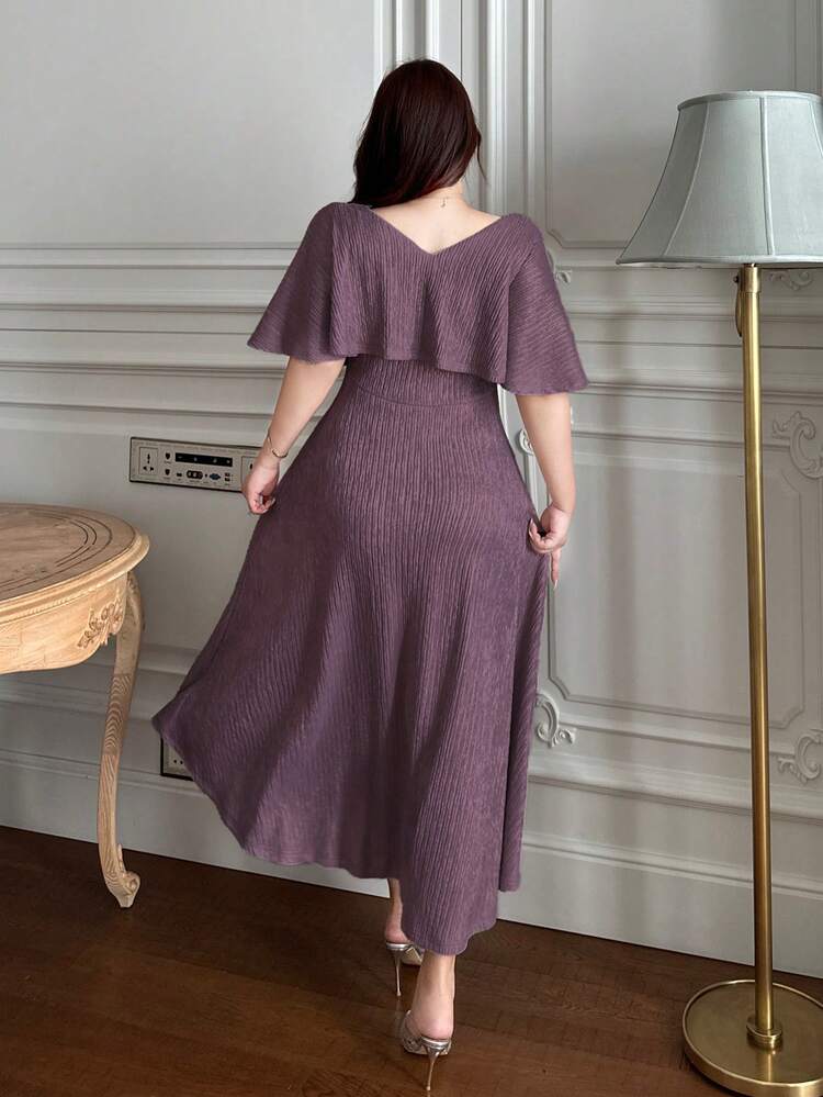 Dazy Plus Plus Size V-Neck Ruffle Shawl 2 In 1 Waist Slimming Long Sleeve Party Dress Sundress Summer