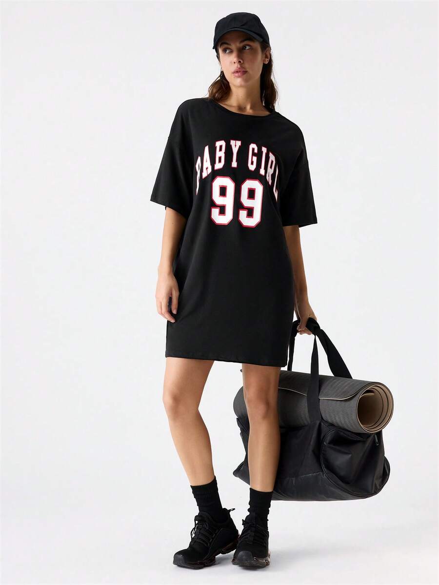 Loungeista 字母图案落肩睡衣晚礼服 - 黑色 - 查看 1