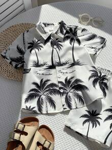 SHEIN 2件套男童休闲校服/度假印花衬衫短裤套装，适合通勤、上学、日常休闲穿着、运动、春夏穿着 - 杏色 - View 4