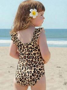 SHEIN Söt djurleopardmönstrad baddräkt, söt och trendig baddräkt med volanger för unga flickor, vår/sommar - Multifärgad - Visa 2