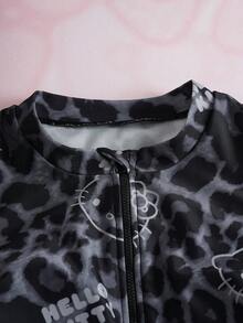 HELLO KITTY AND FRIENDS | SHEIN 豹纹猫咪印花拉链连体泳衣，夏季海滩度假 - 黑色 - 查看 10