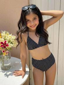 SHEIN 少女黑色波点吊带背心上衣和豹纹比基尼泳裤套装，夏季假期，海滩度假 - 黑色 - 查看 1