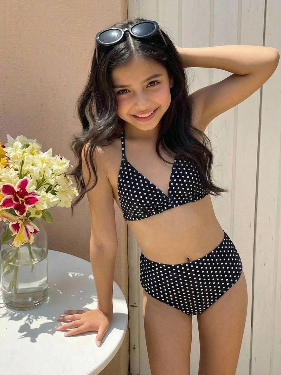 SHEIN 少女黑色波点吊带背心上衣和豹纹比基尼泳裤套装，夏季假期，海滩度假 - 黑色 - 查看 1