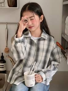 Dazy Kids 少女格子长袖单排扣休闲衬衫 - 黑與白 - 查看 8