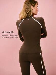 GLOWMODE FeatherFit™ True Potential Slim Fit Contrast Strip Jacket With Thumbholes Side Pockets Low Impact Yoga Pilates Studio Daily Casual Wear - Brown - View 2