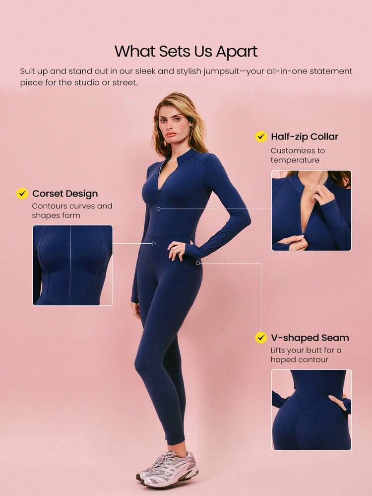 24" FeatherFit™-Air Bold Glow Soft Breathable Sweat-Wicking Front Zipper Corset-Style Waist Contrast Stripes Thumbholes Deep V-Back Removable Cups Long-Sleeve Jumpsuit Low-Impact Daily Active Wear Fall Winter