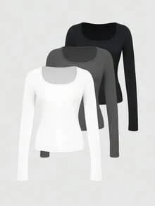 Olithes Women Solid Color Simple Round Neck Slim Fit T-Shirt, Spring/Autumn Edition 3 Packs Topsbasic Long Sleeve Topstight Topswomens Longsleeve Tops Fall Cloth For Women - Multicolor - View 6