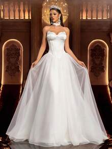 Glamrae Đầm dạ hội tối giản màu trắng satin phối lưới, thân áo trễ vai xếp ly hình cánh hoa có gọng, dáng đuôi cá ôm sát, thích hợp cho nữ, váy cưới hoặc dự tiệc. - trắng - Xem 2