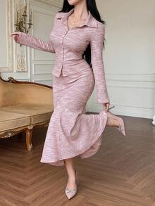 DAZY Women's Elegant Commuter Front Button Blouse And Fishtail Skirt 2 Pieces Set - Pink - View 2