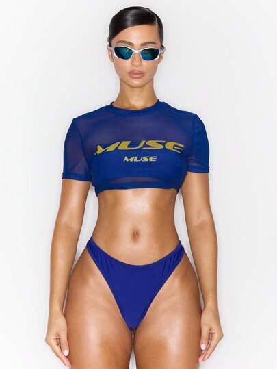 MUSERA Top court couvrant imprimé graphique en maille, idéal pour les vacances d'été, sexy, pour les jeunes filles. Parfait pour les festivals à Ibiza ou les escapades