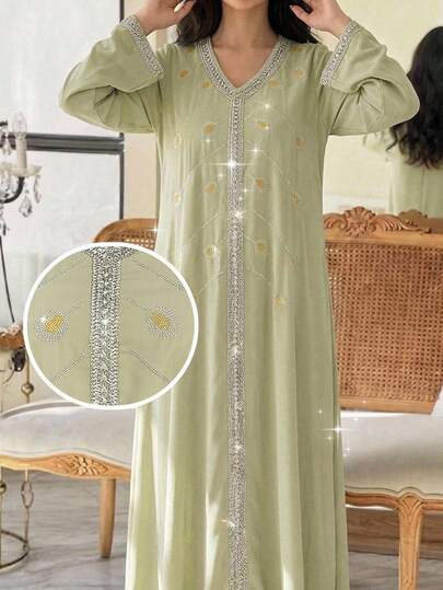 Yasmyna Women's Elegant Vacation Style Patchwork Ribbon V-Neck Flare Sleeve Loose Arabic Dress