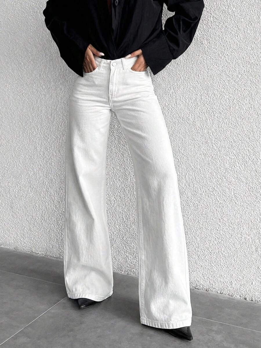 ZIRRA Jeans casuales y versátiles de cintura alta con bolsillos para mujer - Blanco - Ver 1