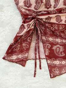 Elamini 女士休闲度假优雅日常时尚街头风波西米亚佩斯利印花抽绳不对称下摆抹胸上衣 - 彩色 - 查看 5