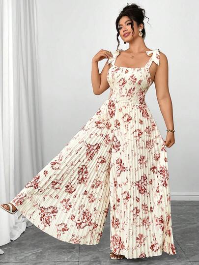 Elenzga Plus Size Women's Printed Pleated Jumpsuit, Elegant & Stretchy, Wrap Chest, Cinched Waist, Bow Tie Strap, Suitable For Summer Vacation, Afternoon Tea, Hangout, Commute, Versatile