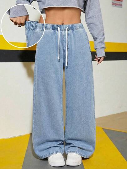 SHEIN Teen Girl Summer Vacation Casual Washed Drawstring Baggy Wide Leg Jeans,Pockets Wide Leg Loose Casual Versatile Denim Jeans,Suitable For Spring And Summer Boho,Season Vintage//Beach/Sea/Elegant Graduation,Casual,Summer Holiday,Spring,Beach,Vacation,Valentine Day,Summer Holiday,Beach Vacation Holiday