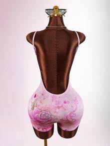 Amplova Women's Cross Rhinestone & Floral Print Camisole Backless Bodycon Romper - Pink - View 2