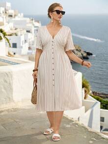 Parysyn 大码梭织条纹夏季女装连衣裙 - 卡其色 - 查看 6