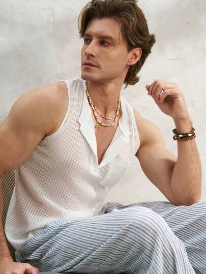 Airaco Men's Sheer Striped Sleeveless Tight Fit Tank Top