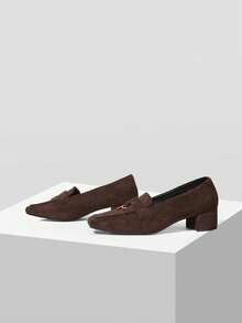 Mnmlis Mocasines de tacón grueso para mujer, zapatos de punta cuadrada con hebilla de metal de ante de moda - Café integral - Ver 4