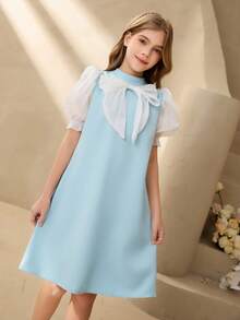 Tween Girls' Elegant Lily Satin Puff Sleeve Dress With Cute Bow Design And Blue Wave Pattern, And Gentle - Blue - View 8