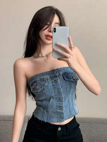 DAZY 纯色纽扣前开襟露脐牛仔抹胸上衣，适合节日穿着 - 中等水洗藍 - 查看 3