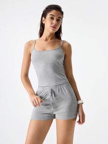 女士休闲简约吊带背心和短裤睡衣套装 - 灰色 - 查看 6