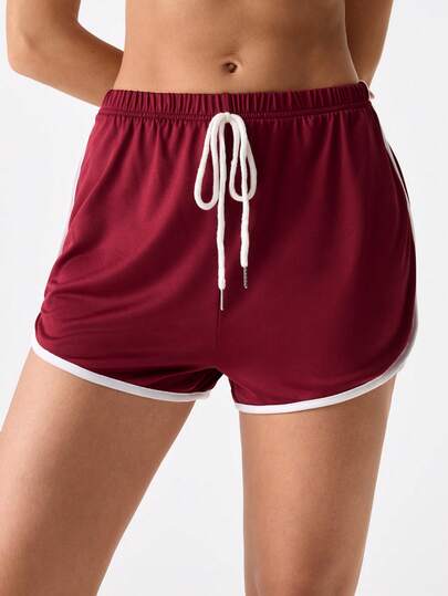 2pcs Casual Contrast Binding Women Bottom Sleep Shorts Set