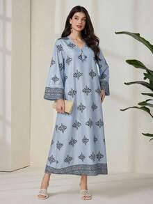 Al Najma 女士全印花流苏装饰V领长袖阿拉伯风格连衣裙 - 藍色 - 查看 4