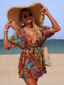 Swim Chiccia 春夏度假风深V领印花连衣裙，蝙蝠袖收腰沙滩罩衫，性感 - 彩色 - 查看 1