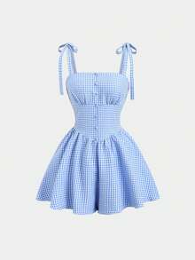 Sweetra French Bright Blue Plaid Series Waist-Cinching Snap-Button Short Jumpsuit, Summer College Style Minimalist Sexy Sexy Bud Cute Playful Elegant Women's Jumpsuit - Blue - View 1