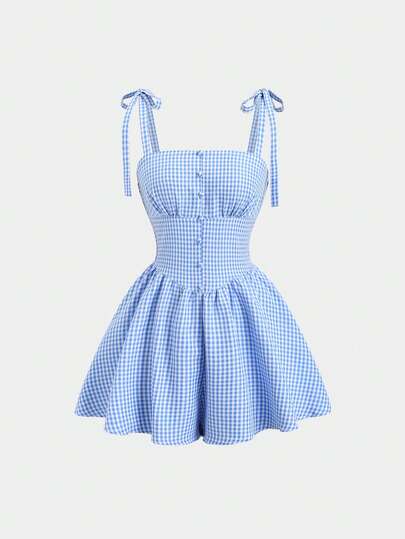 Sweetra French Bright Blue Plaid Series Waist-Cinching Snap-Button Short Jumpsuit, Summer College Style Minimalist Sexy Sexy Bud Cute Playful Elegant Women's Jumpsuit
