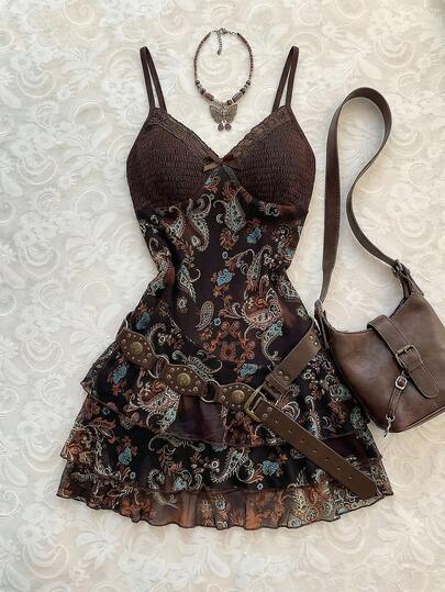 Elamini 女士连衣裙，拼接撞色腰果花网纱印花，度假风