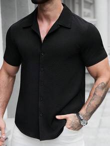 SLATEMANN 男士夏季休閒日常通勤度假簡約純色紋理布料短袖襯衫，正式款 - 黑色 - 查看 5