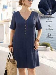EMERY ROSE Plus Size Women V-Neck Simple Versatile Vacation Casual Comfortable Loose A-Line Midi Dress - Blue - View 6