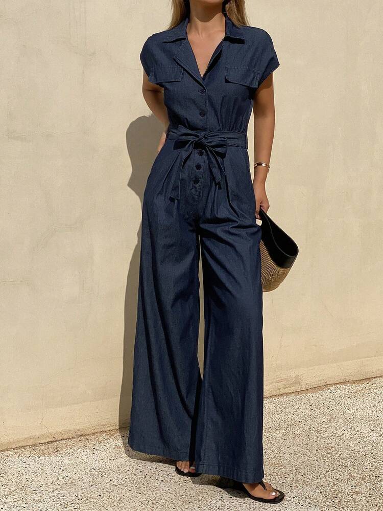 Women's Collared Sleeveless Cinched Waist Waist Casual Denim Jumpsuit And Romper