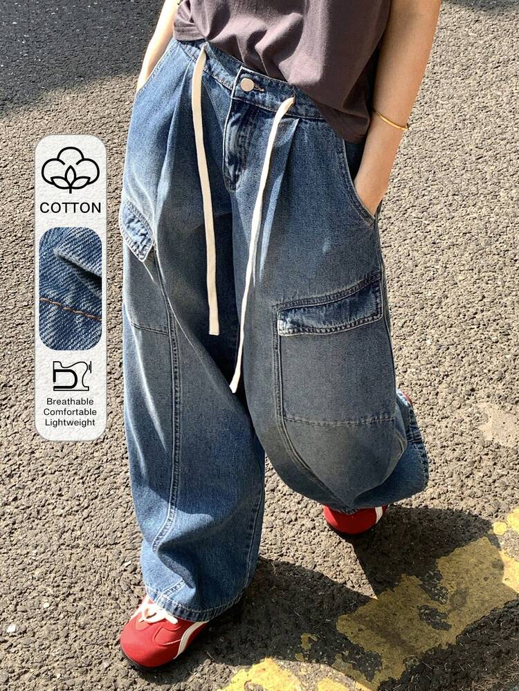 Women's Drawstring Waist Loose Straight Leg Cargo Pants With Large Pockets, Casual City Street Style Jeans