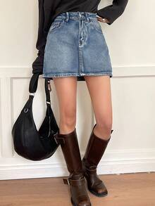 DAZY Women's A-Line Regular Waist Short Washed Denim Mini Skirt - Medium Wash - View 2