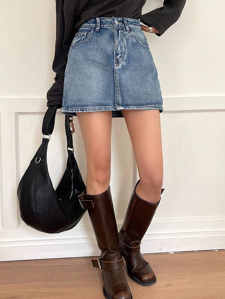 Women's A-Line Regular Waist Short Washed Denim Mini Skirt