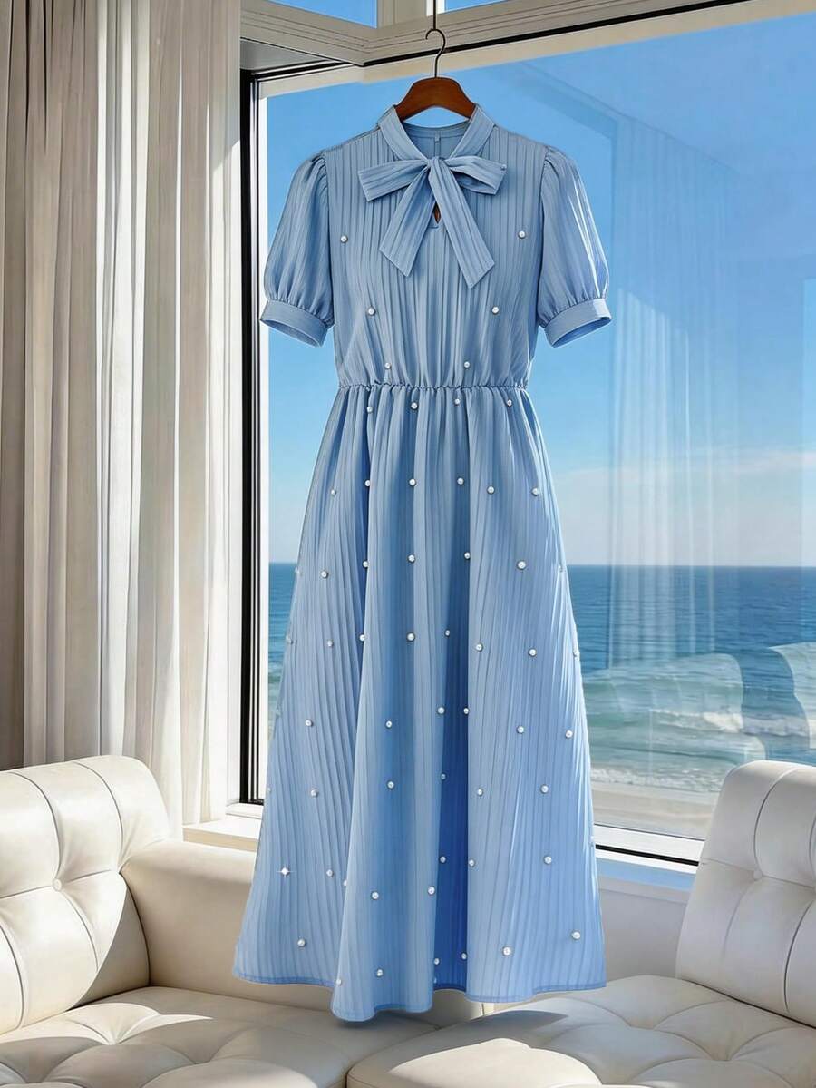 Elenzga 大码女装畅销款法式优雅蝴蝶结领收腰A字短袖连衣裙，适合日常通勤、约会、旅行、拍照和休闲外出。 - 藍色 - 查看 1