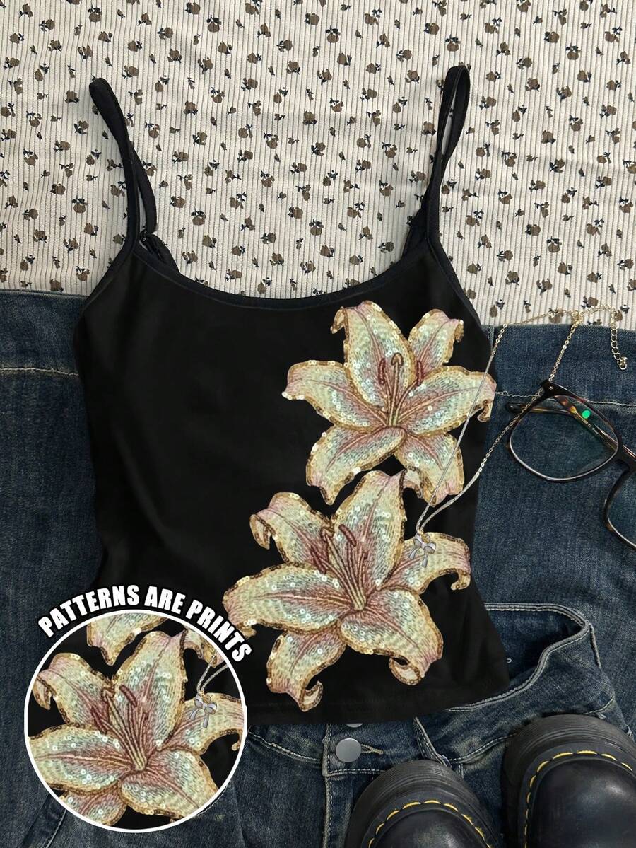 SHEIN 少女碎花印花休闲简约吊带背心，适合夏季日常穿着。 - 彩色 - 查看 1