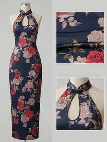EastFlair Vestido midi ajustado elegante con estampado floral, abertura y sin mangas, para boda, cita, fiesta o evento, vestido casual de verano para mujer - Azul Marino - Ver 7
